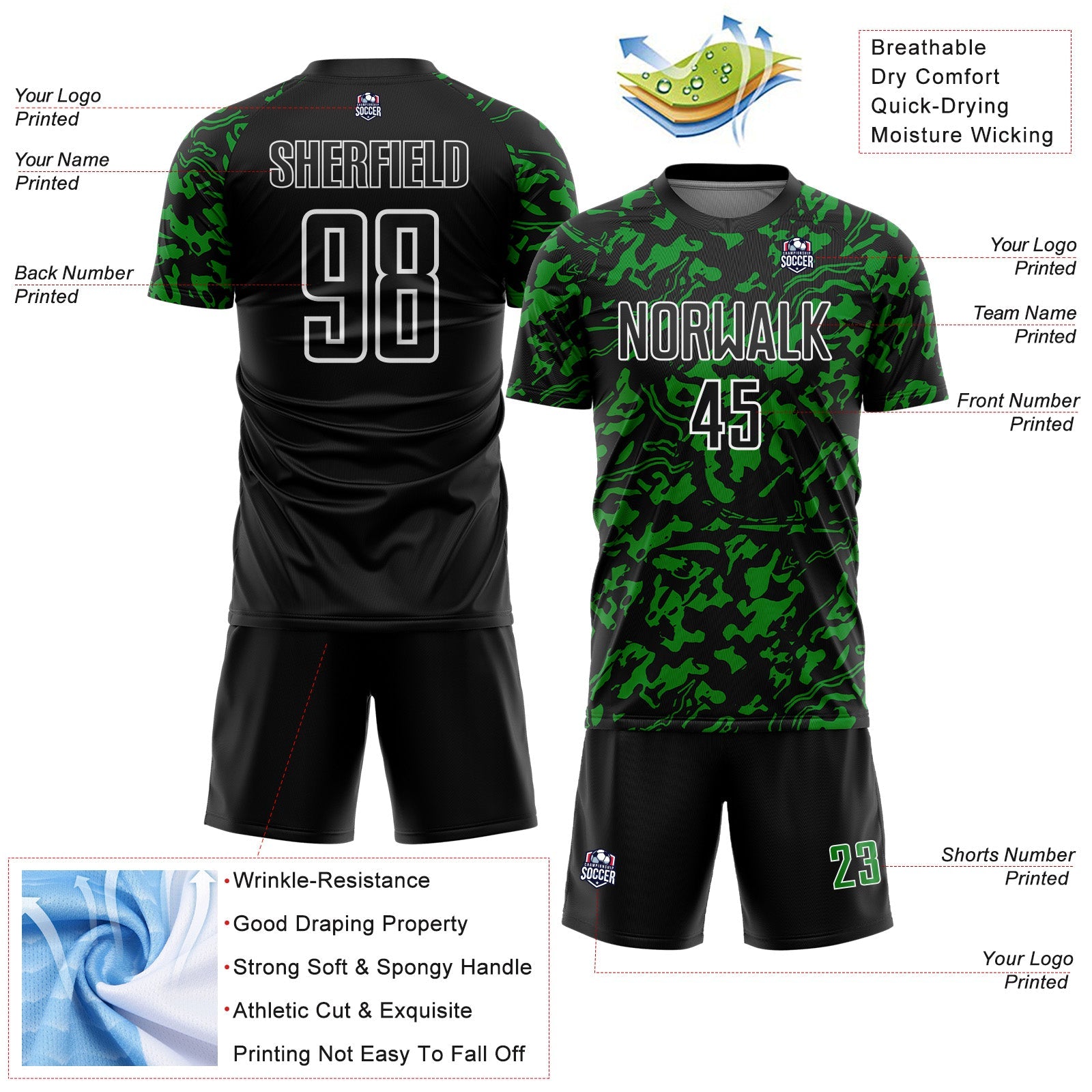 Custom Black Grass Green-White Liquid Fluid Pattern Sports Sublimation Soccer Uniform Jersey view 4