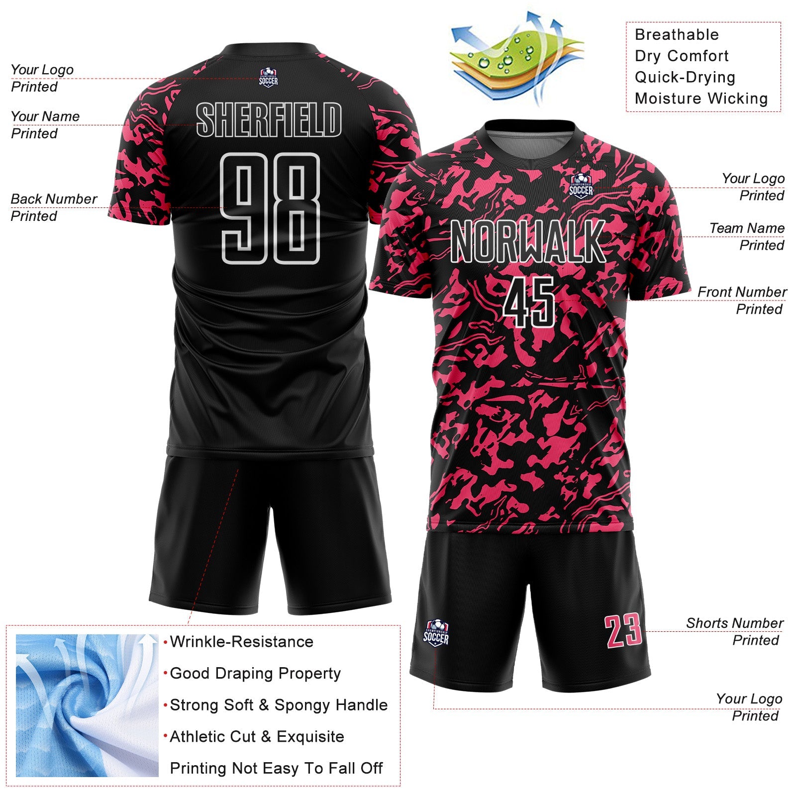Custom Black Neon Pink-White Liquid Fluid Pattern Sports Sublimation Soccer Uniform Jersey view 4
