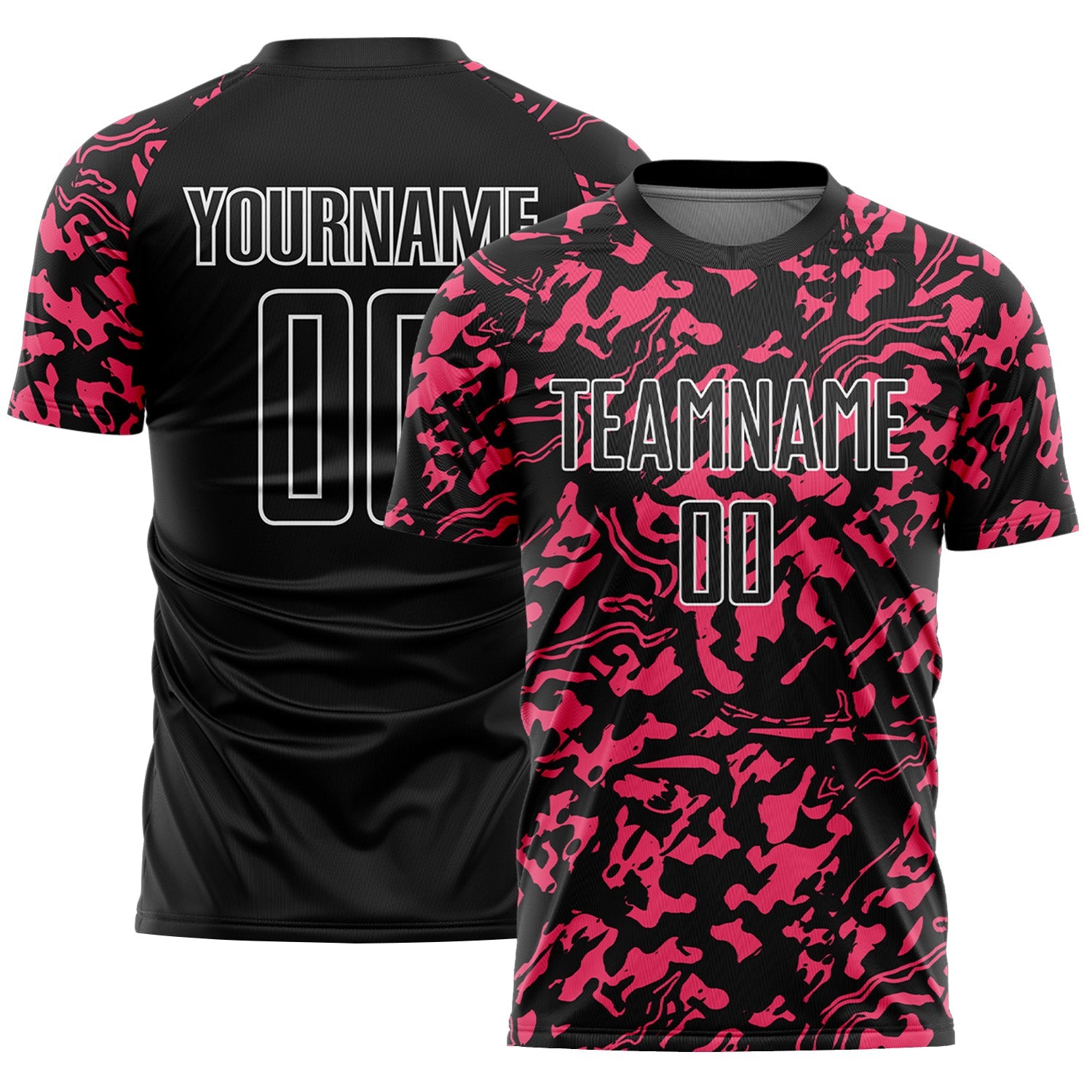 Custom Black Neon Pink-White Liquid Fluid Pattern Sports Sublimation Soccer Uniform Jersey - Main View