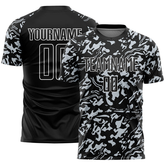Custom Black Silver-White Liquid Fluid Pattern Sports Sublimation Soccer Uniform Jersey - Main View