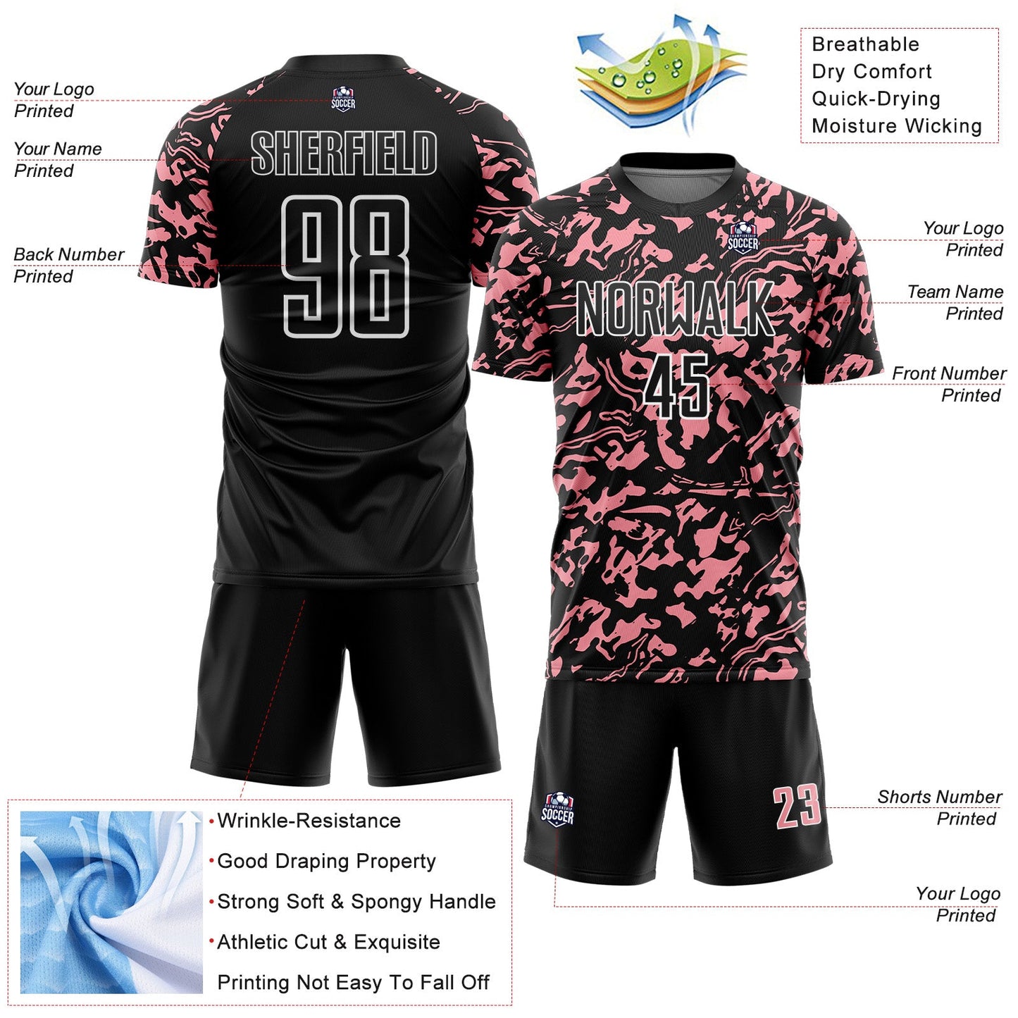 Custom Black Medium Pink-White Liquid Fluid Pattern Sports Sublimation Soccer Uniform Jersey view 4