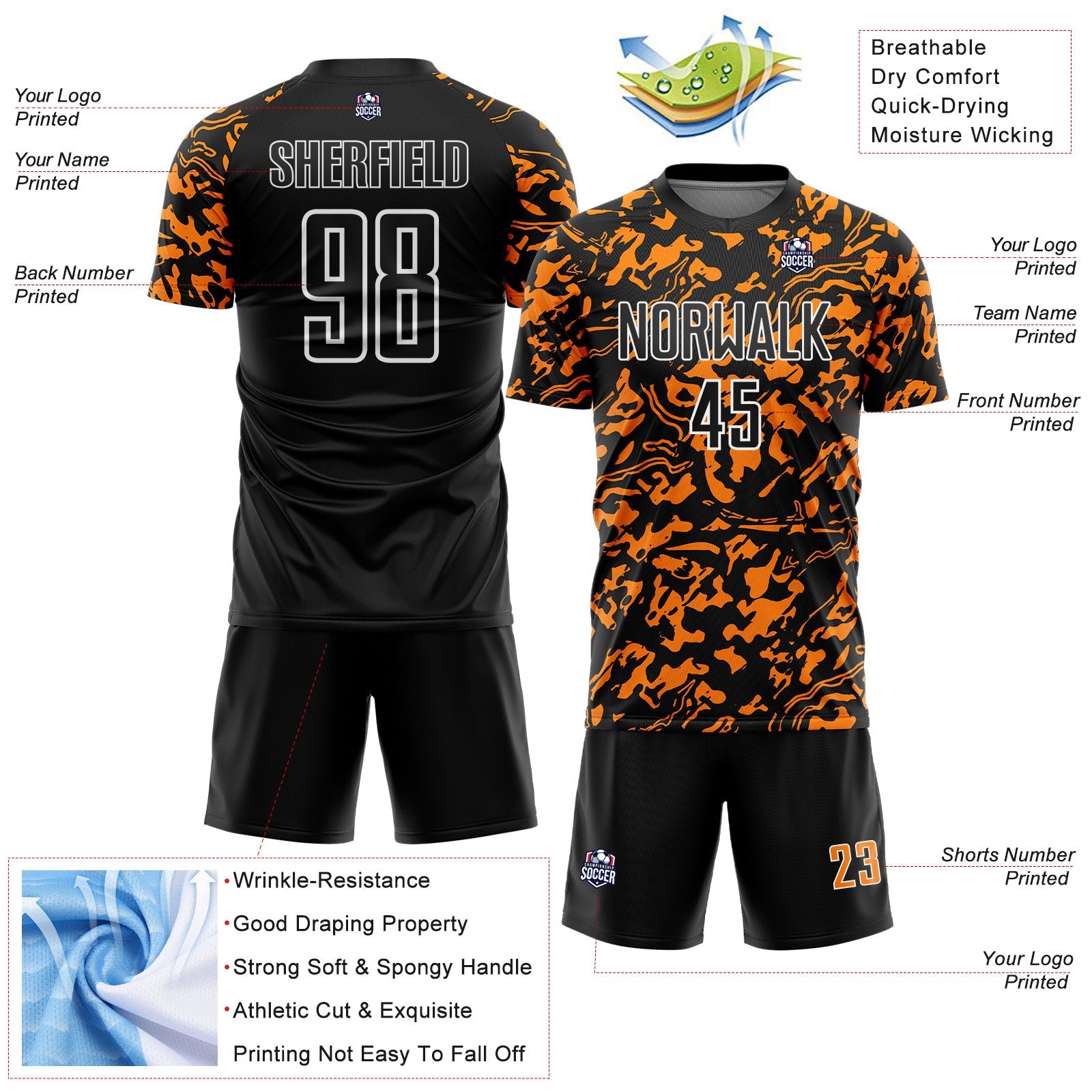 Custom Black Bay Orange-White Liquid Fluid Pattern Sports Sublimation Soccer Uniform Jersey view 4