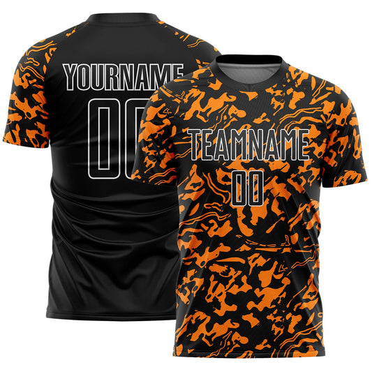 Custom Black Bay Orange-White Liquid Fluid Pattern Sports Sublimation Soccer Uniform Jersey - Main View