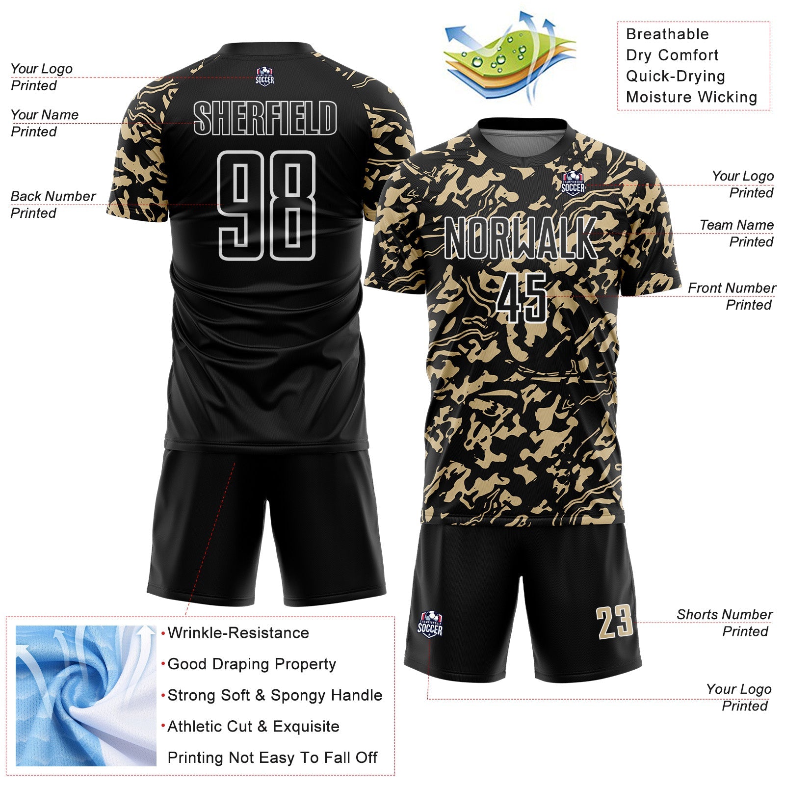 Custom Black Vegas Gold-White Liquid Fluid Pattern Sports Sublimation Soccer Uniform Jersey view 4