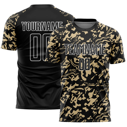 Custom Black Vegas Gold-White Liquid Fluid Pattern Sports Sublimation Soccer Uniform Jersey - Main View