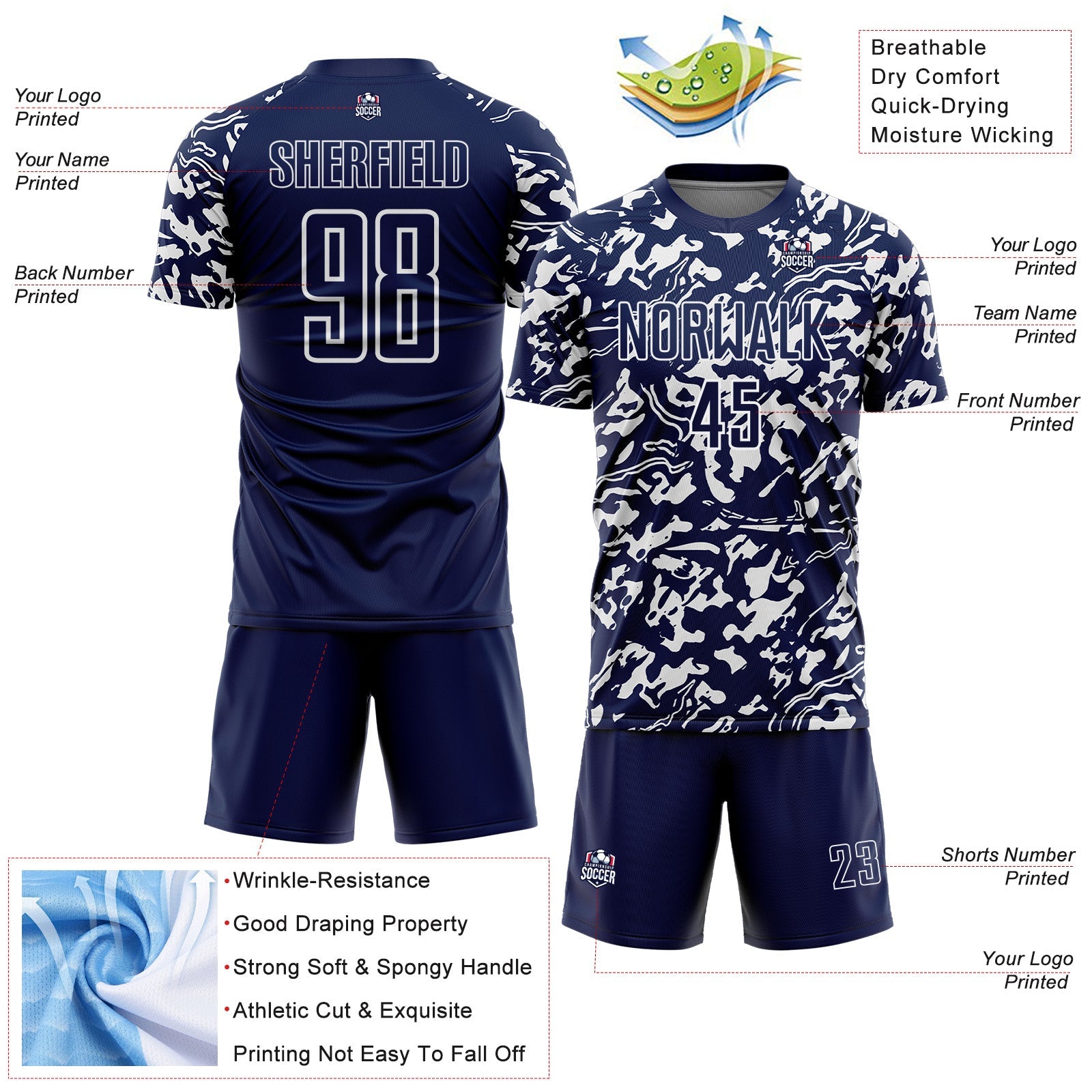 Custom Navy White Liquid Fluid Pattern Sports Sublimation Soccer Uniform Jersey view 4