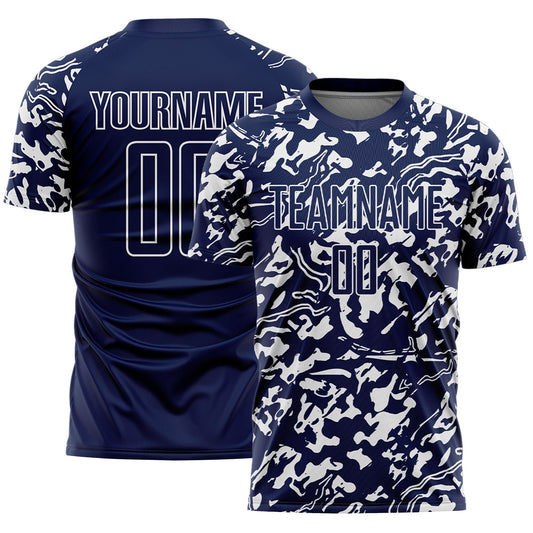 Custom Navy White Liquid Fluid Pattern Sports Sublimation Soccer Uniform Jersey - Main View