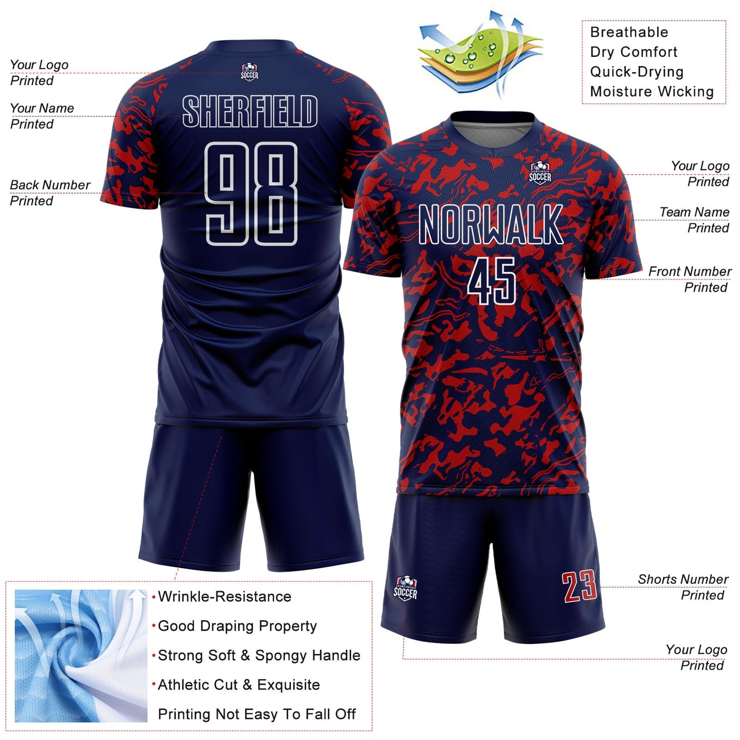 Custom Navy Red-White Liquid Fluid Pattern Sports Sublimation Soccer Uniform Jersey view 4