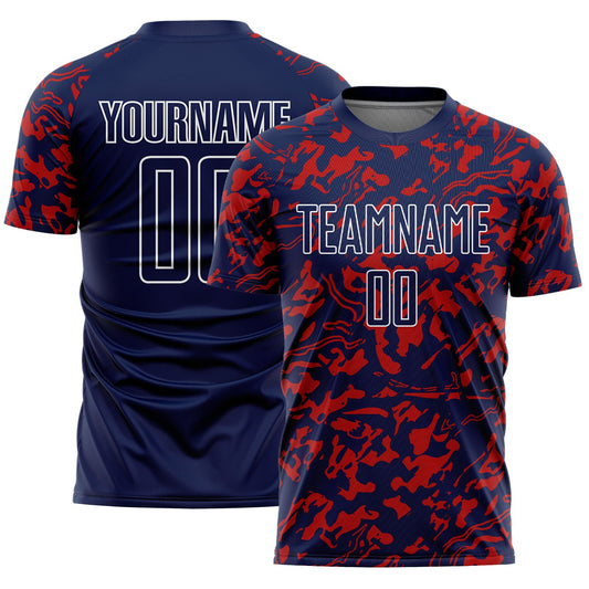 Custom Navy Red-White Liquid Fluid Pattern Sports Sublimation Soccer Uniform Jersey - Main View