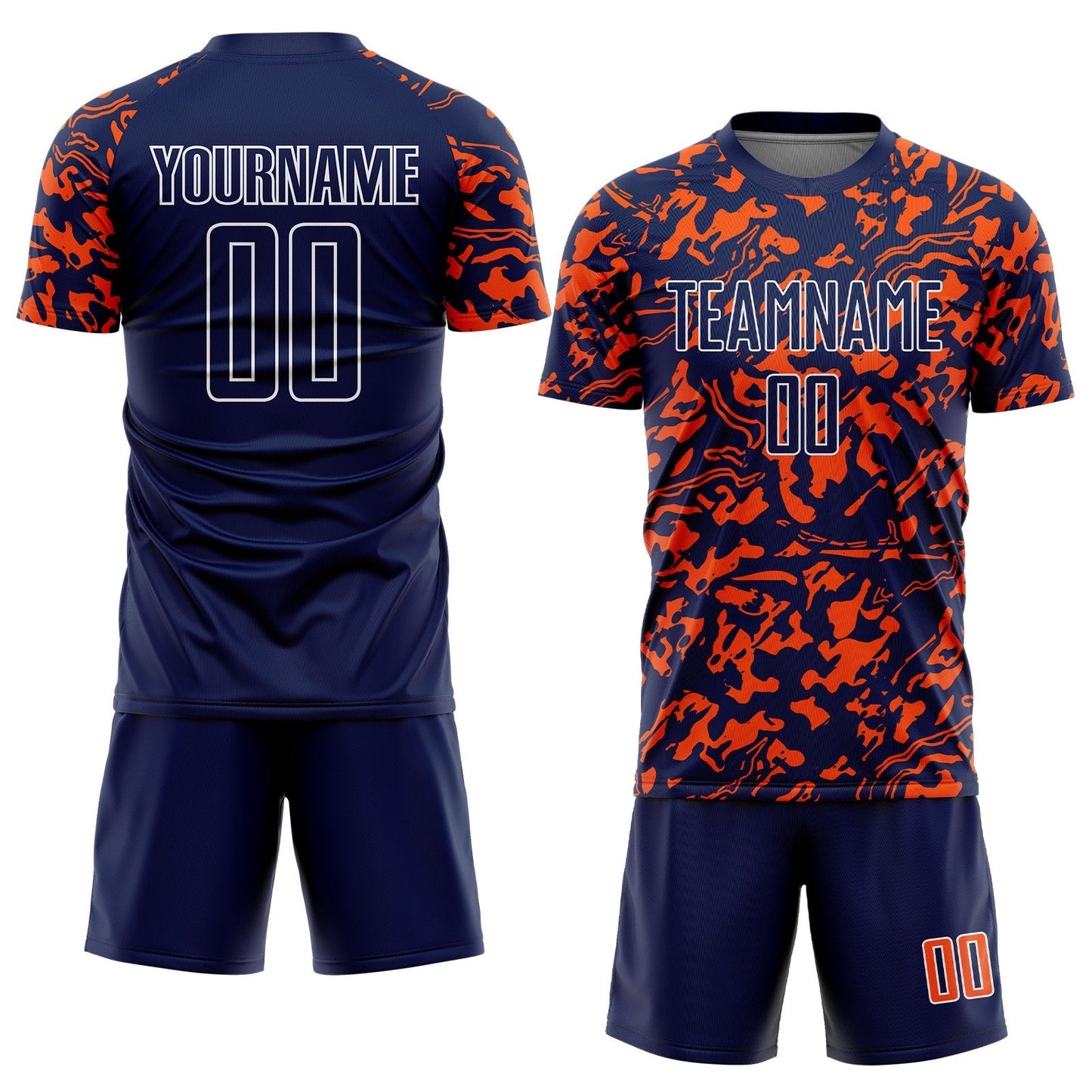 Custom Navy Orange-White Liquid Fluid Pattern Sports Sublimation Soccer Uniform Jersey view 2
