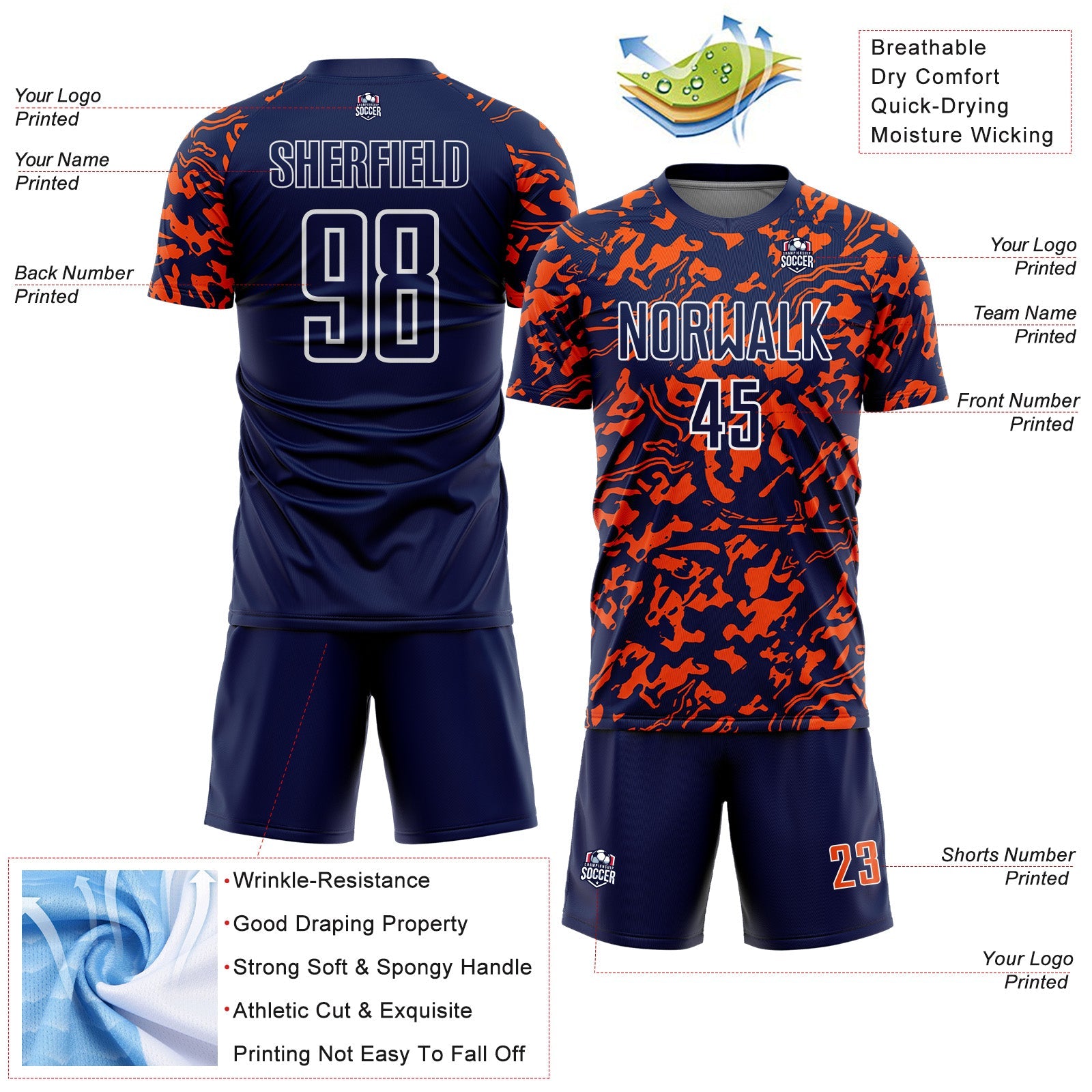 Custom Navy Orange-White Liquid Fluid Pattern Sports Sublimation Soccer Uniform Jersey view 4