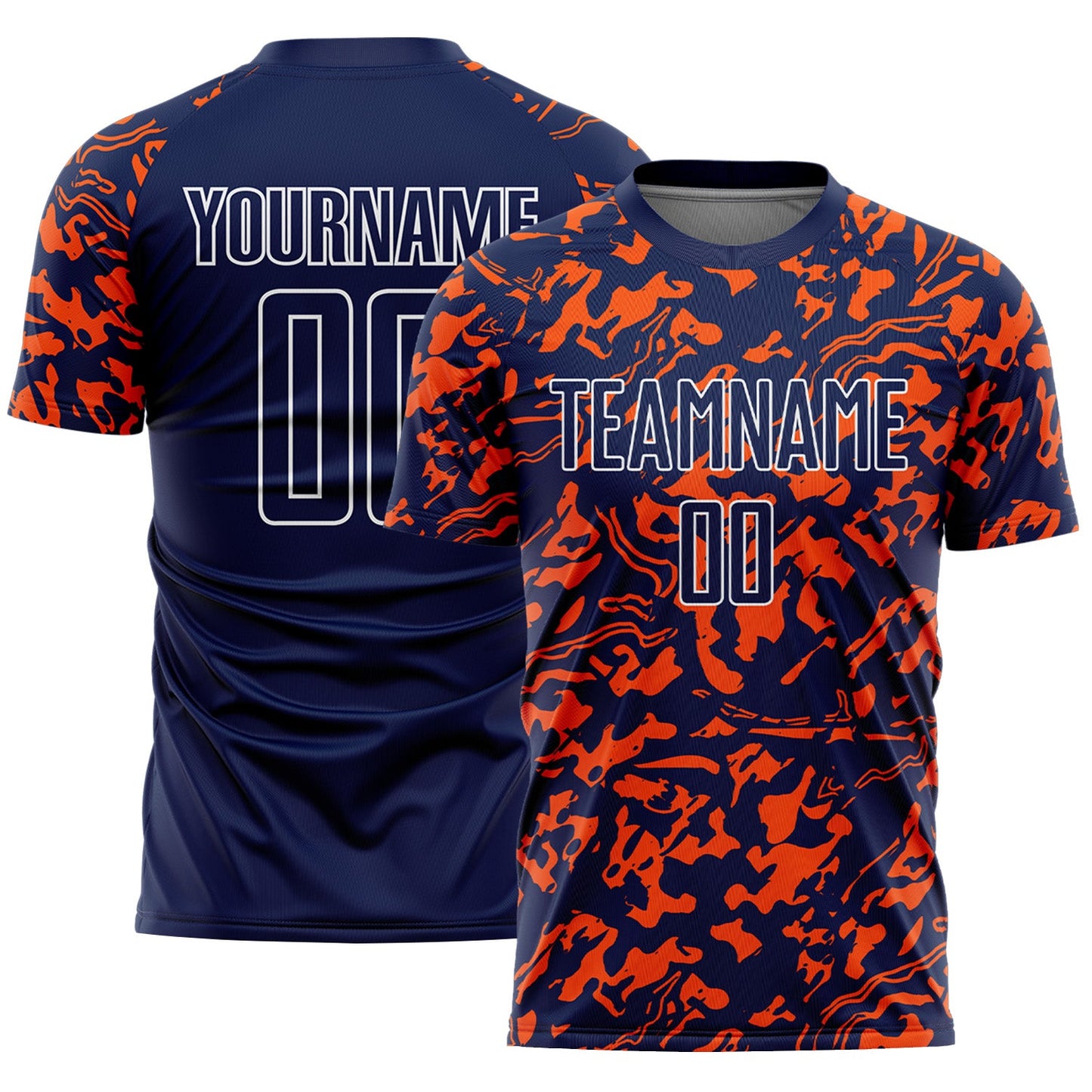 Custom Navy Orange-White Liquid Fluid Pattern Sports Sublimation Soccer Uniform Jersey - Main View