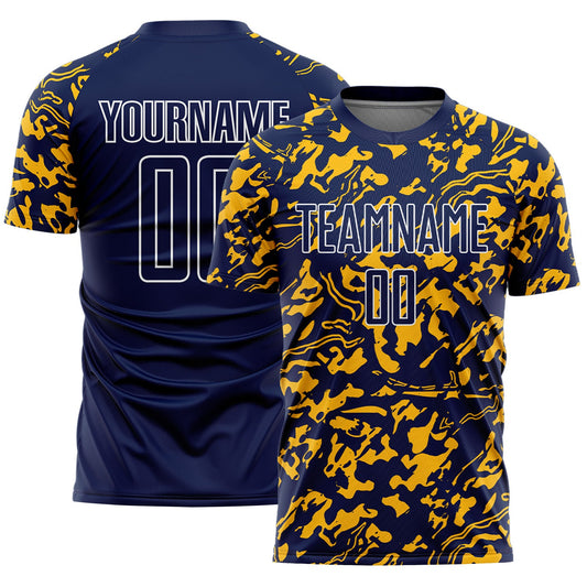Custom Navy Gold-White Liquid Fluid Pattern Sports Sublimation Soccer Uniform Jersey - Main View