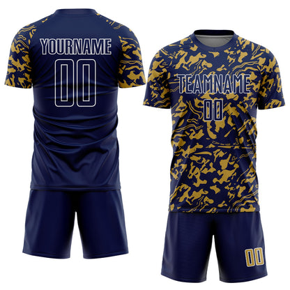 Custom Navy Old Gold-White Liquid Fluid Pattern Sports Sublimation Soccer Uniform Jersey view 2