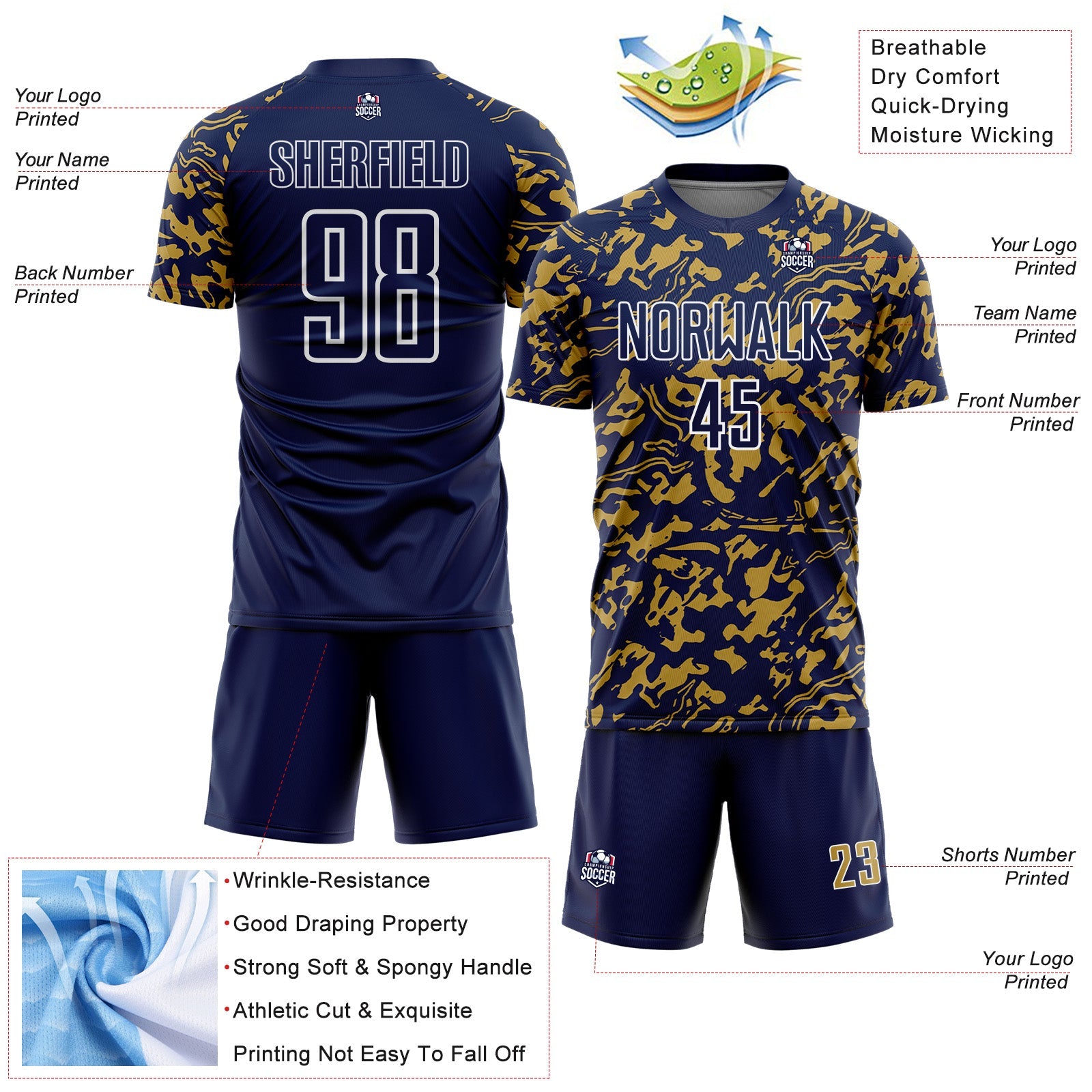 Custom Navy Old Gold-White Liquid Fluid Pattern Sports Sublimation Soccer Uniform Jersey view 4