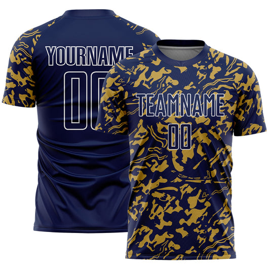 Custom Navy Old Gold-White Liquid Fluid Pattern Sports Sublimation Soccer Uniform Jersey - Main View