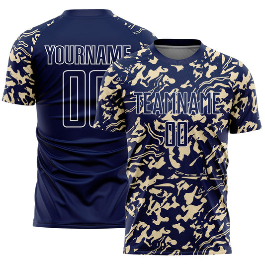 Custom Navy Cream-White Liquid Fluid Pattern Sports Sublimation Soccer Uniform Jersey - Main View