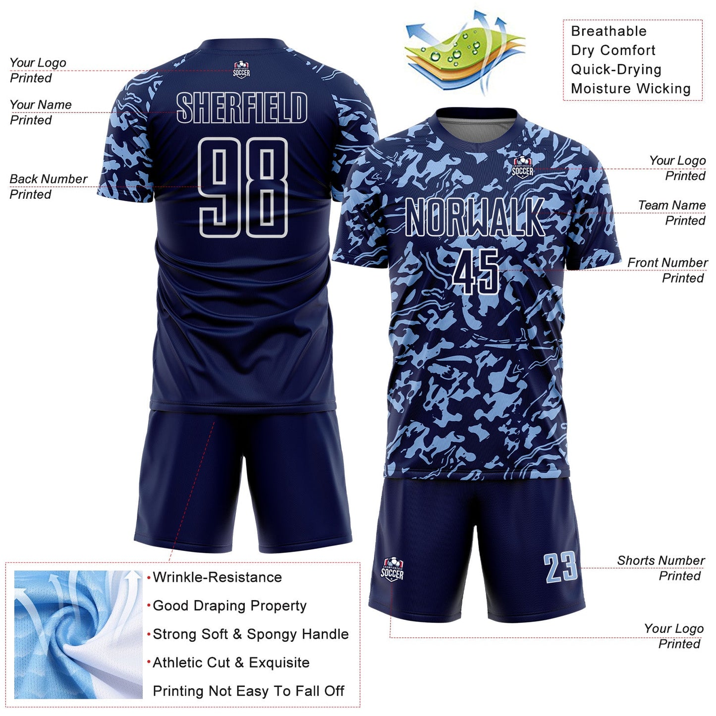 Custom Navy Light Blue-White Liquid Fluid Pattern Sports Sublimation Soccer Uniform Jersey view 4