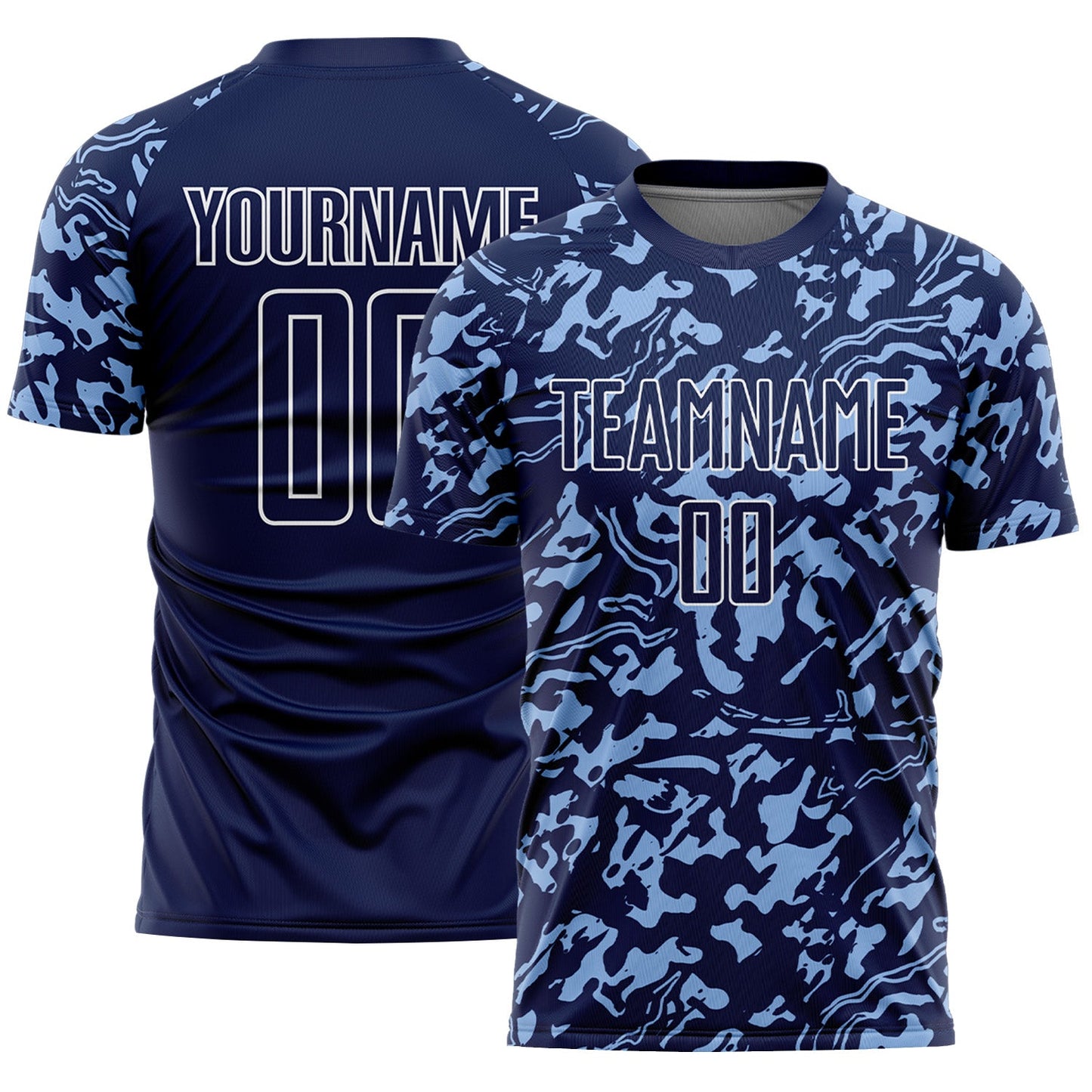 Custom Navy Light Blue-White Liquid Fluid Pattern Sports Sublimation Soccer Uniform Jersey - Main View