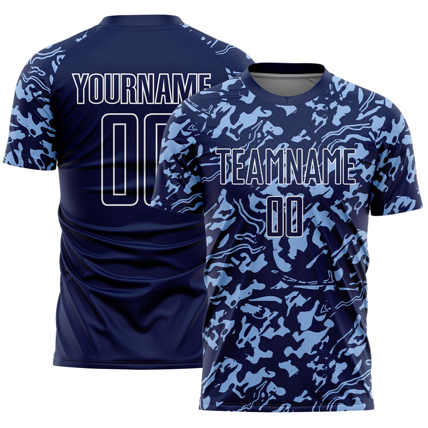 Custom Navy Light Blue-White Liquid Fluid Pattern Sports Sublimation Soccer Uniform Jersey - Main View