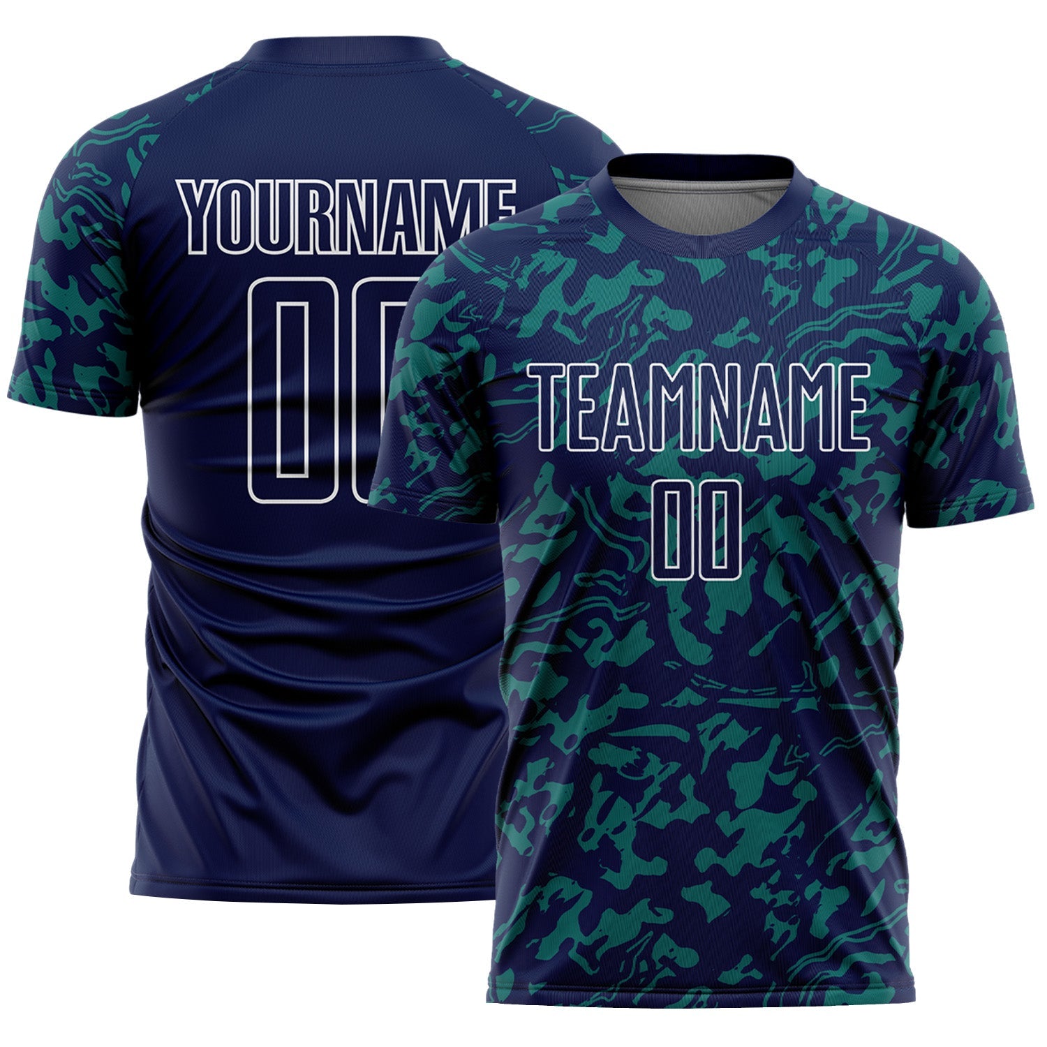 Custom Navy Teal-White Liquid Fluid Pattern Sports Sublimation Soccer Uniform Jersey - Main View