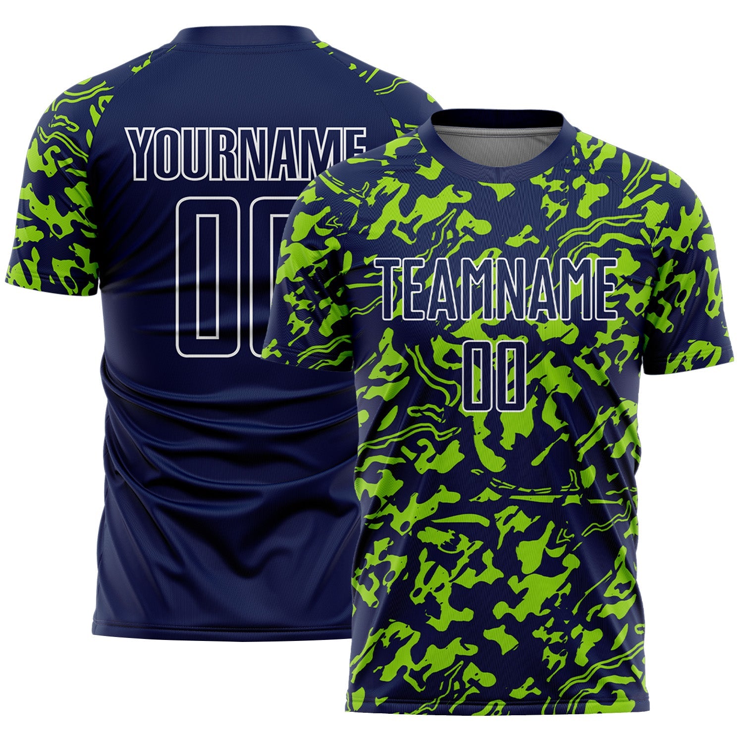 Custom Navy Neon Green-White Liquid Fluid Pattern Sports Sublimation Soccer Uniform Jersey - Main View