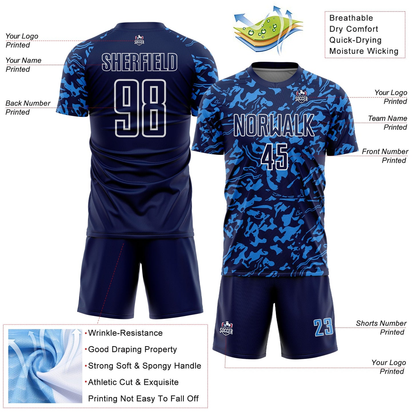 Custom Navy Powder Blue-White Liquid Fluid Pattern Sports Sublimation Soccer Uniform Jersey view 4