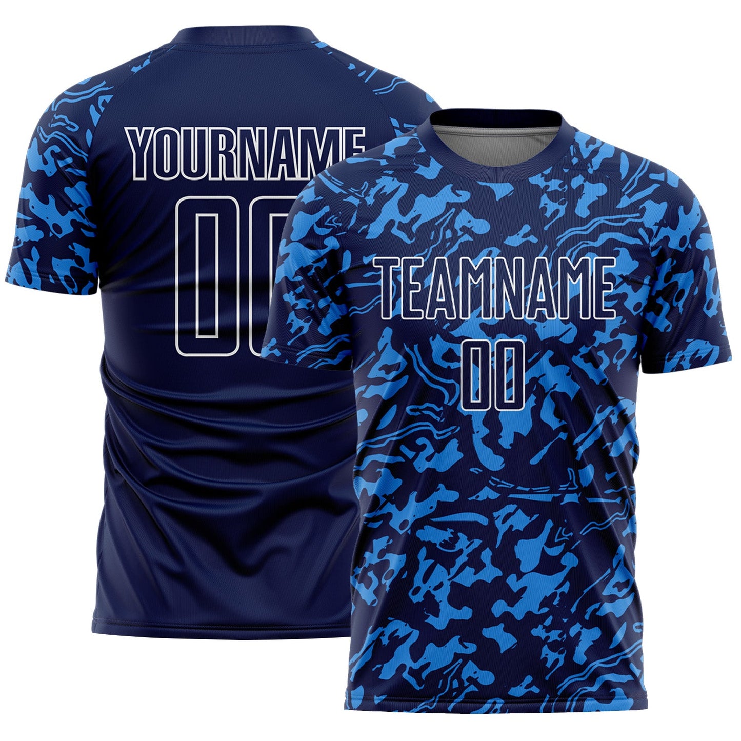 Custom Navy Powder Blue-White Liquid Fluid Pattern Sports Sublimation Soccer Uniform Jersey - Main View