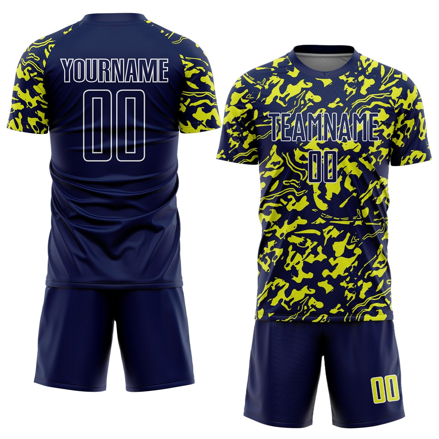 Custom Navy Neon Yellow-White Liquid Fluid Pattern Sports Sublimation Soccer Uniform Jersey view 2