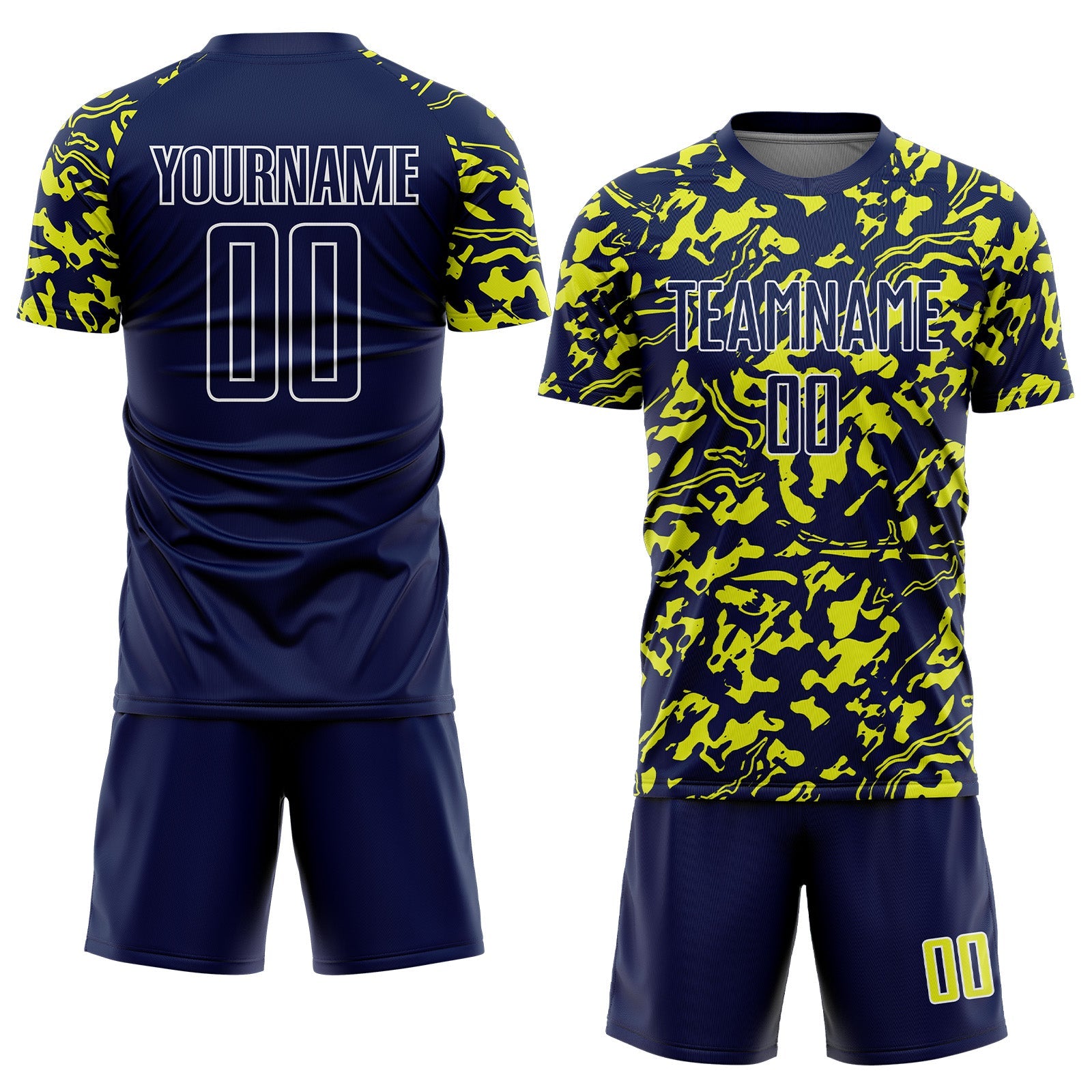Custom Navy Neon Yellow-White Liquid Fluid Pattern Sports Sublimation Soccer Uniform Jersey view 2