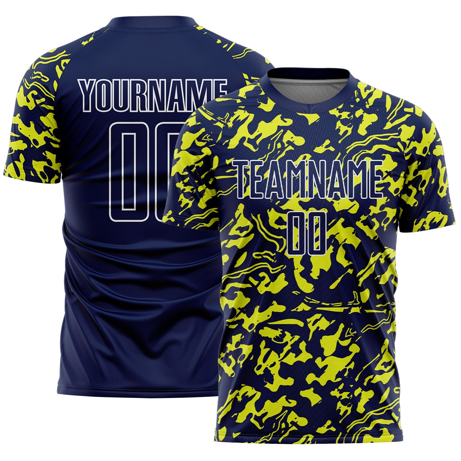 Custom Navy Neon Yellow-White Liquid Fluid Pattern Sports Sublimation Soccer Uniform Jersey - Main View
