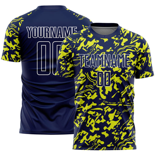 Custom Navy Neon Yellow-White Liquid Fluid Pattern Sports Sublimation Soccer Uniform Jersey - Main View