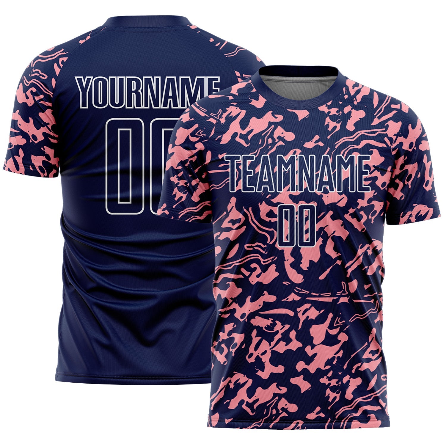 Custom Navy Medium Pink-White Liquid Fluid Pattern Sports Sublimation Soccer Uniform Jersey - Main View