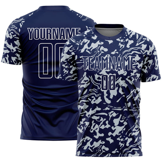 Custom Navy Silver-White Liquid Fluid Pattern Sports Sublimation Soccer Uniform Jersey - Main View