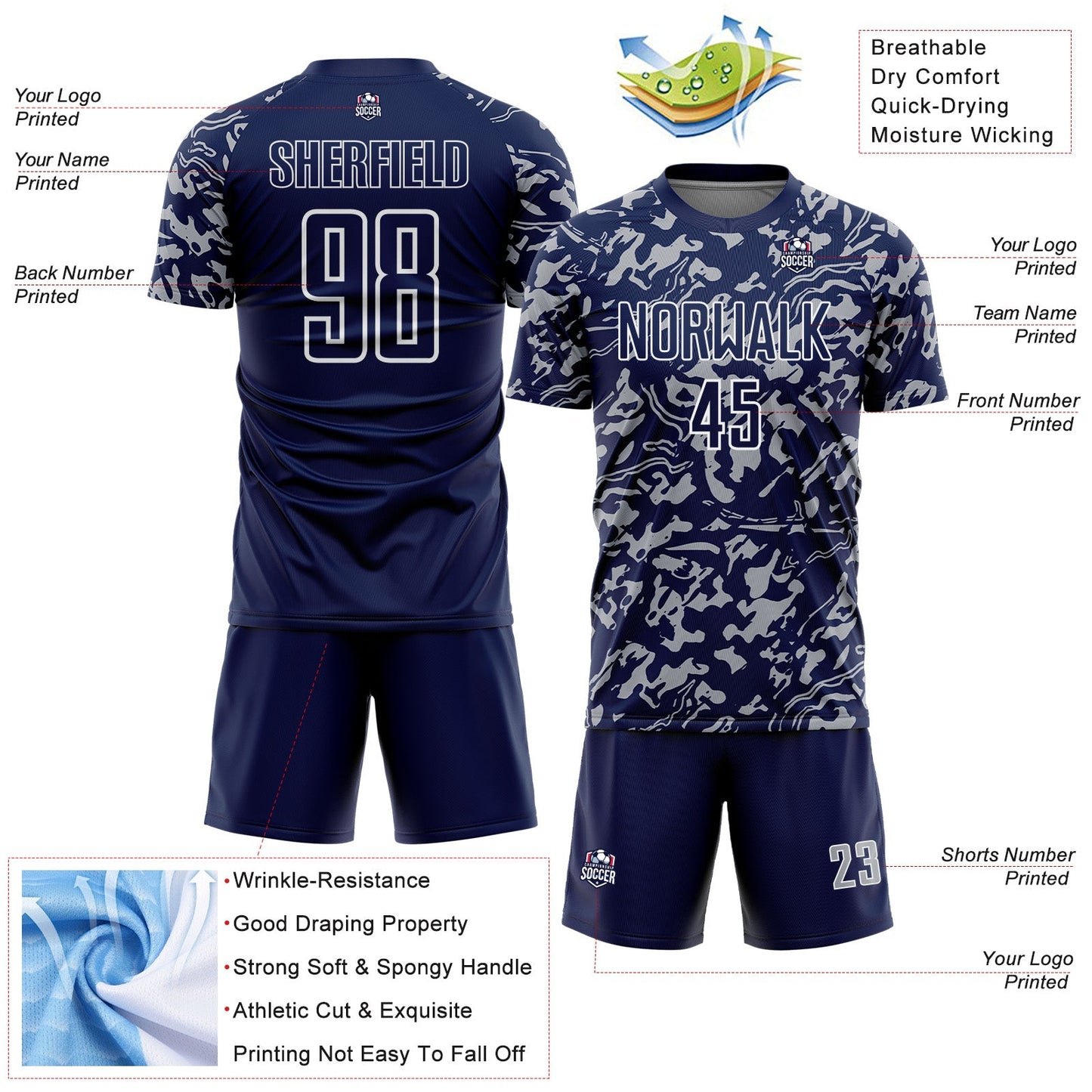 Custom Navy Gray-White Liquid Fluid Pattern Sports Sublimation Soccer Uniform Jersey view 4