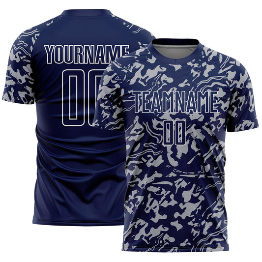 Custom Navy Gray-White Liquid Fluid Pattern Sports Sublimation Soccer Uniform Jersey - Main View