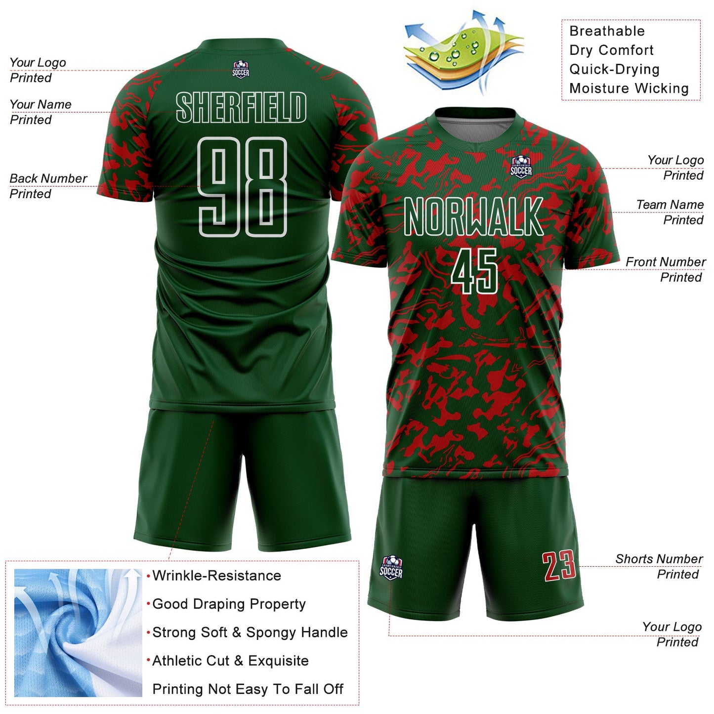 Custom Green Red-White Liquid Fluid Pattern Sports Sublimation Soccer Uniform Jersey view 4