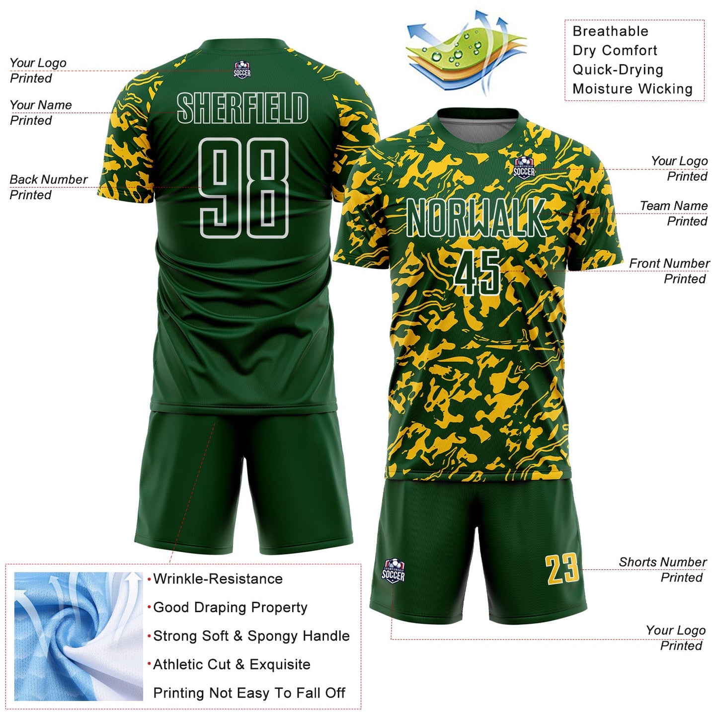 Custom Green Yellow-White Liquid Fluid Pattern Sports Sublimation Soccer Uniform Jersey view 4