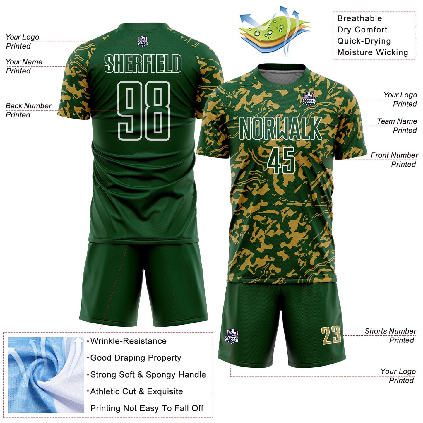 Custom Green Old Gold-White Liquid Fluid Pattern Sports Sublimation Soccer Uniform Jersey view 4