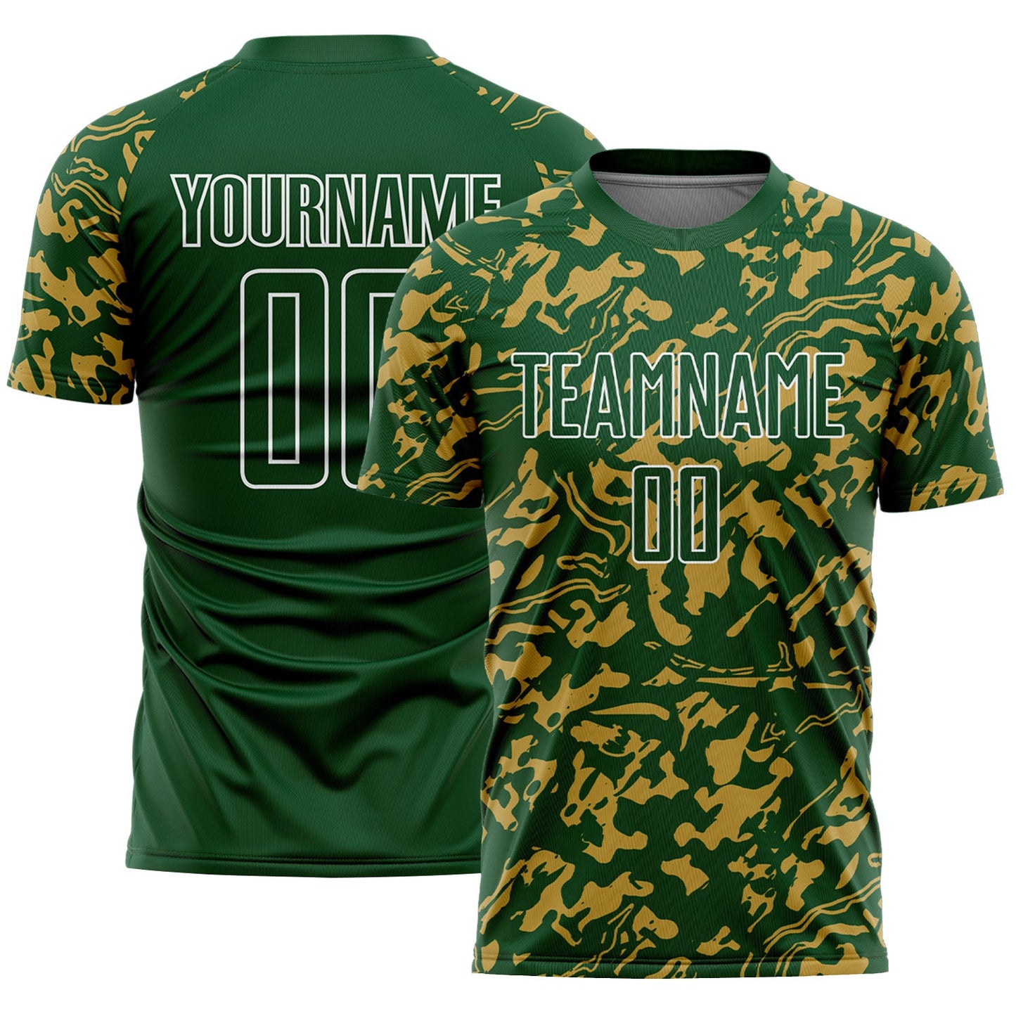 Custom Green Old Gold-White Liquid Fluid Pattern Sports Sublimation Soccer Uniform Jersey - Main View