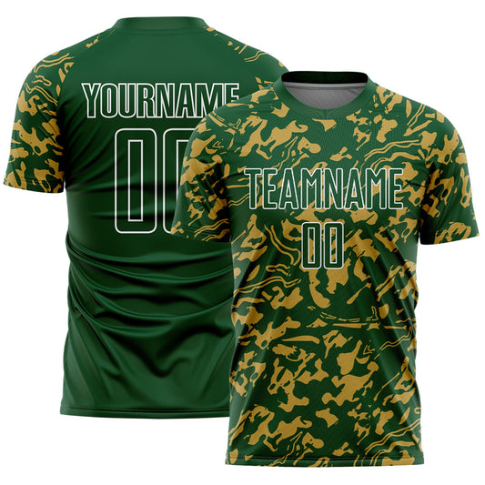 Custom Green Old Gold-White Liquid Fluid Pattern Sports Sublimation Soccer Uniform Jersey - Main View