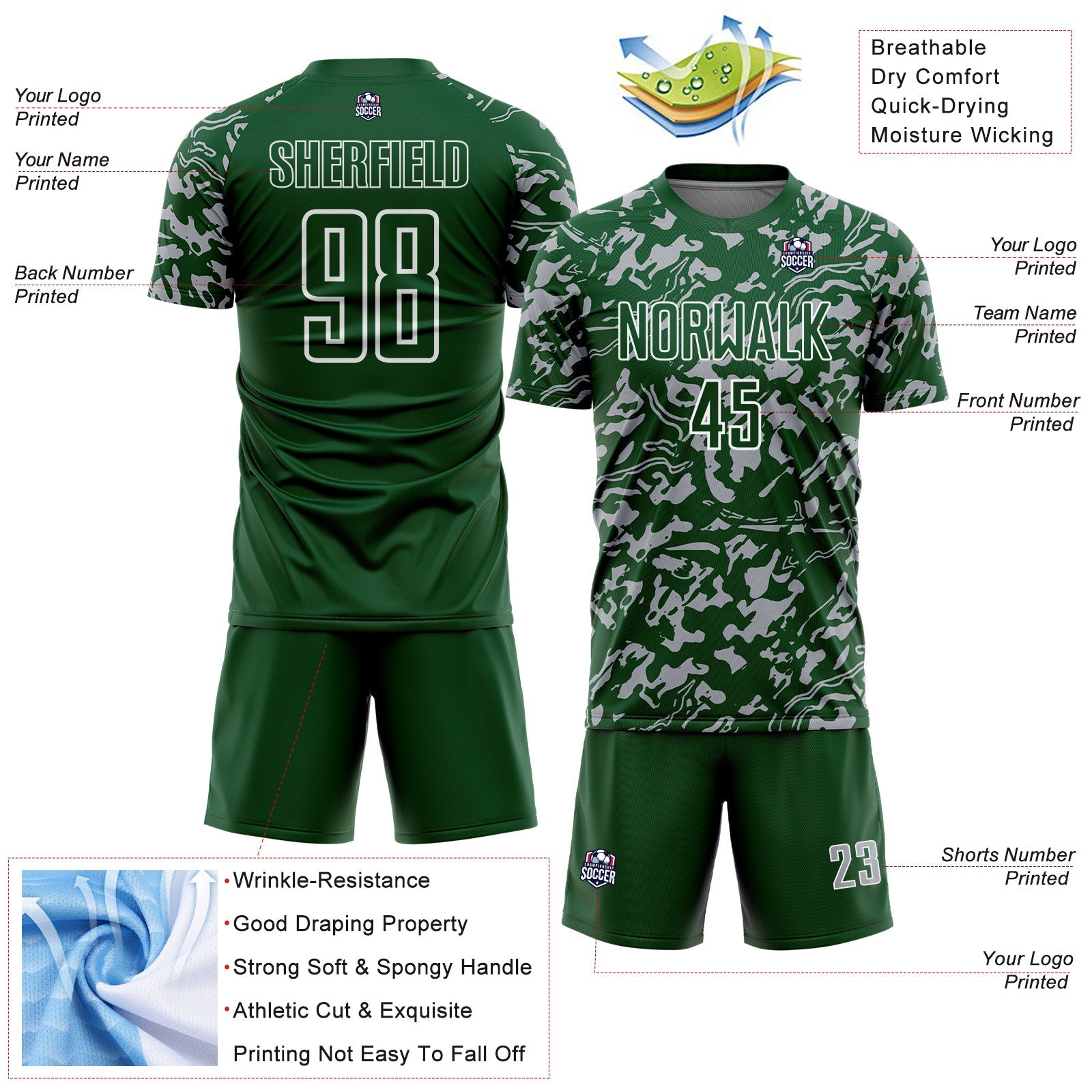 Custom Green Gray-White Liquid Fluid Pattern Sports Sublimation Soccer Uniform Jersey view 4