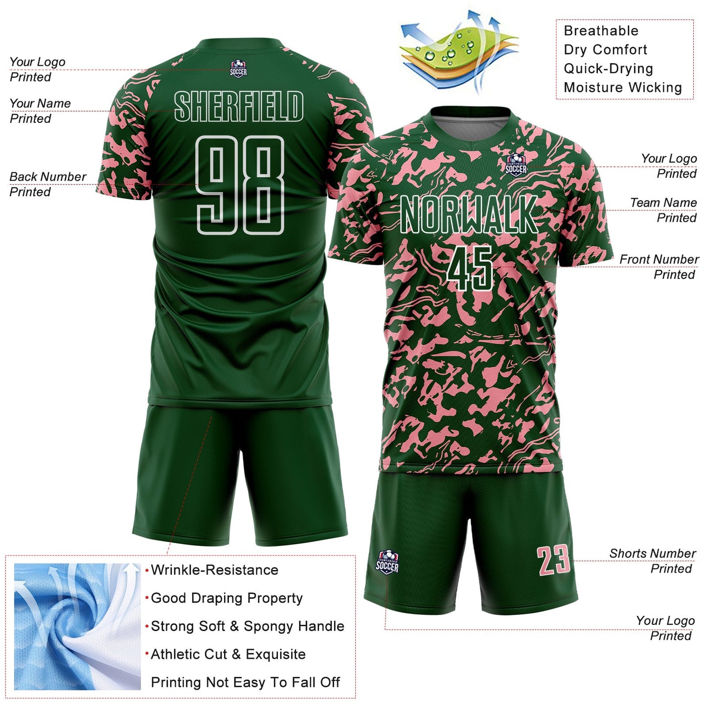 Custom Green Medium Pink-White Liquid Fluid Pattern Sports Sublimation Soccer Uniform Jersey view 4