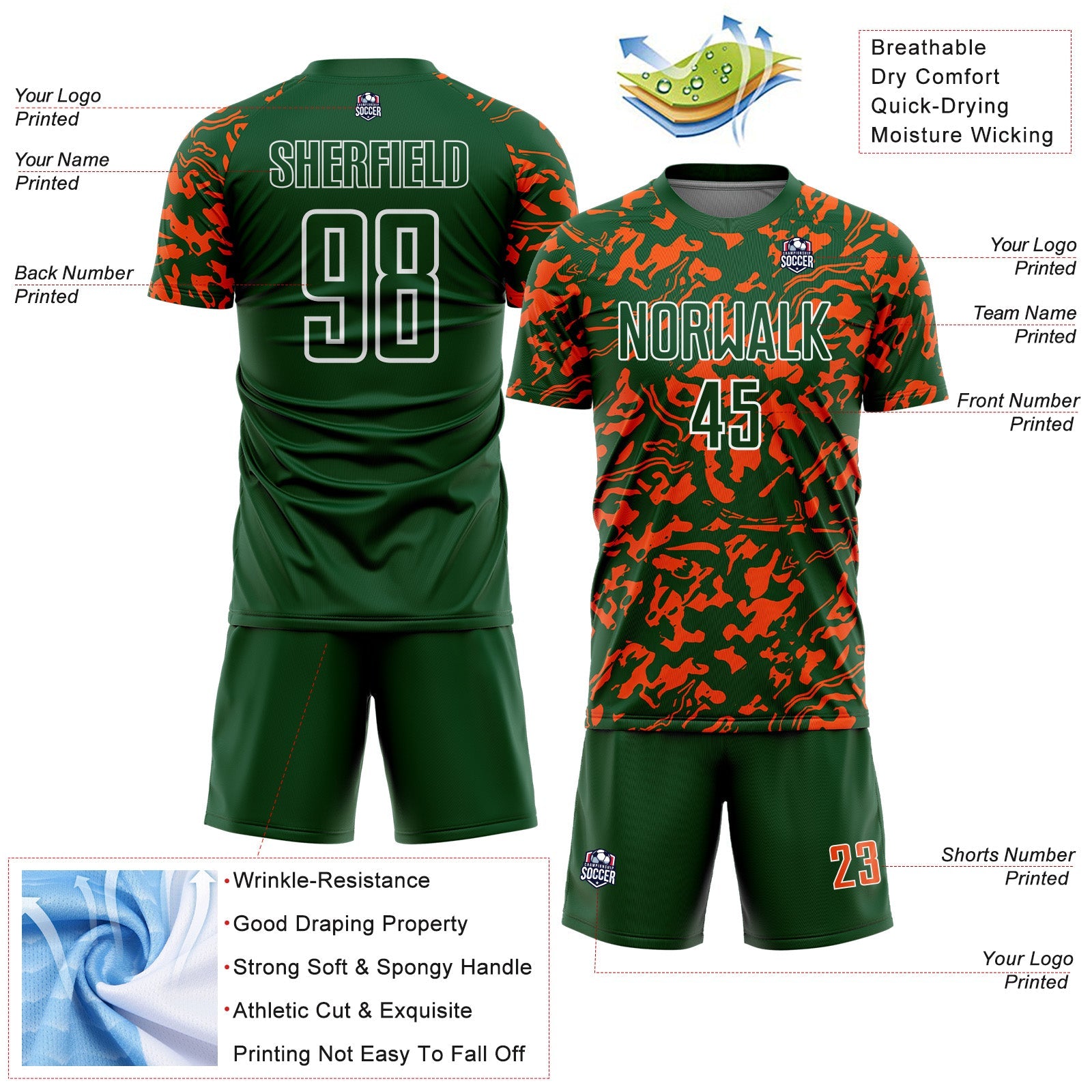 Custom Green Orange-White Liquid Fluid Pattern Sports Sublimation Soccer Uniform Jersey view 4