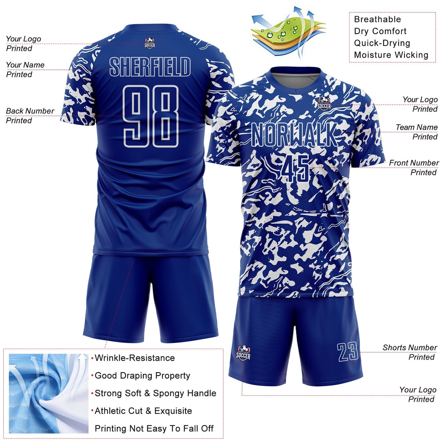 Custom Royal White Liquid Fluid Pattern Sports Sublimation Soccer Uniform Jersey view 4