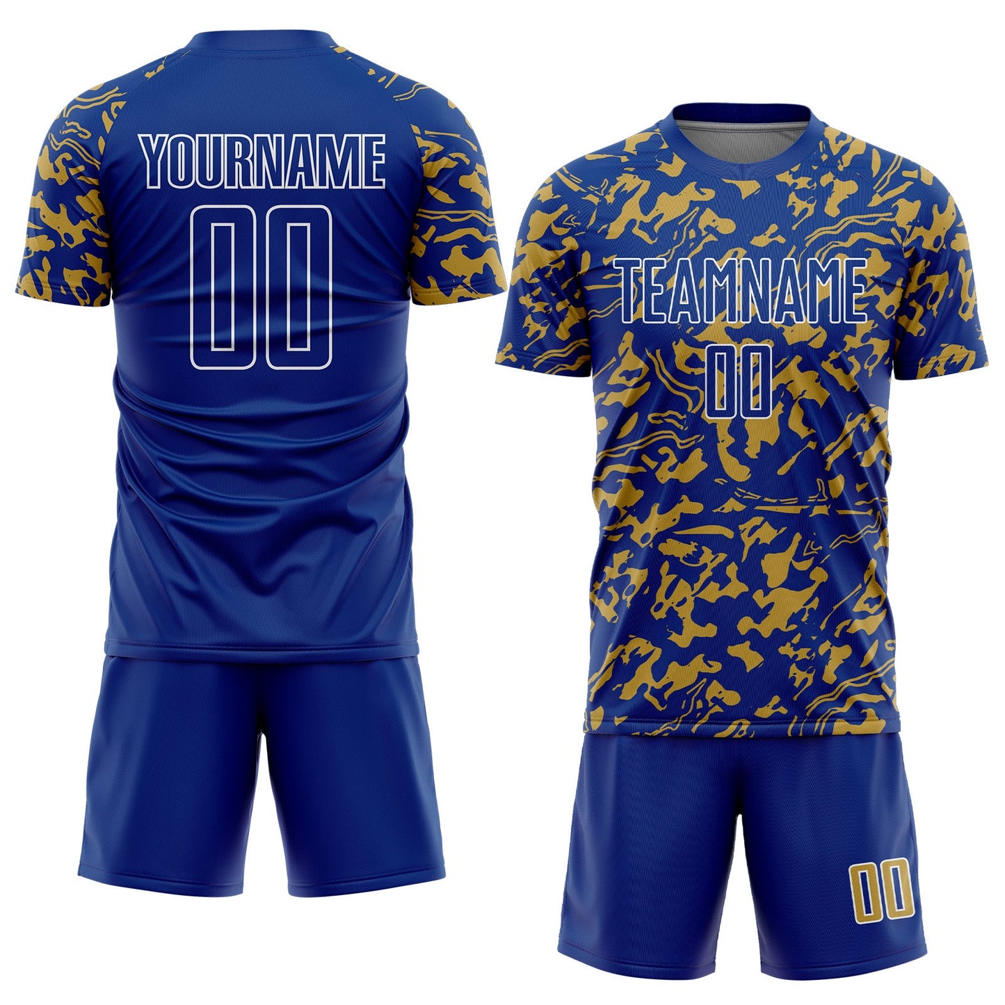 Custom Royal Old Gold-White Liquid Fluid Pattern Sports Sublimation Soccer Uniform Jersey view 2