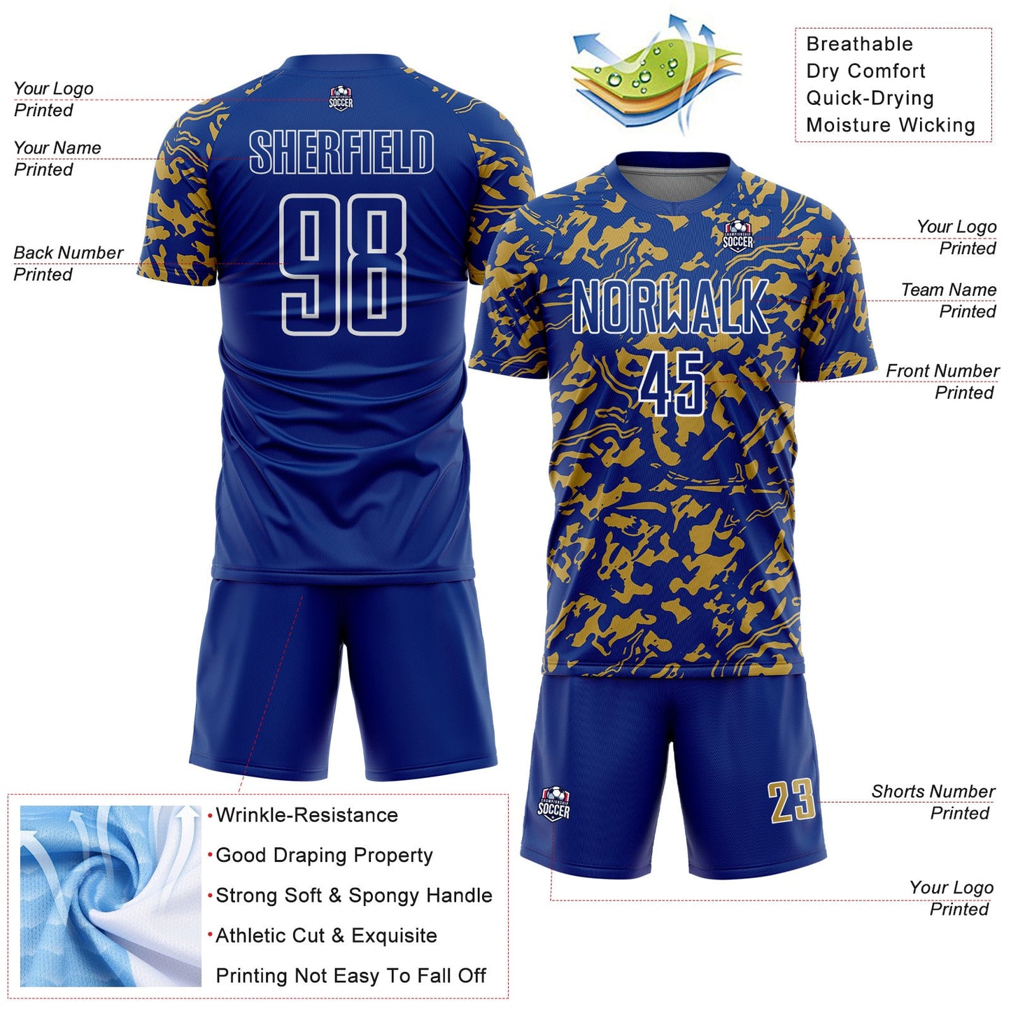 Custom Royal Old Gold-White Liquid Fluid Pattern Sports Sublimation Soccer Uniform Jersey view 4