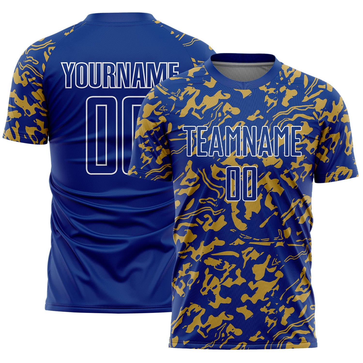 Custom Royal Old Gold-White Liquid Fluid Pattern Sports Sublimation Soccer Uniform Jersey - Main View