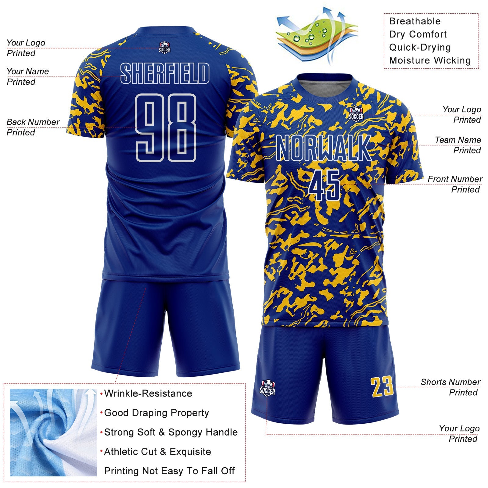 Custom Royal Yellow-White Liquid Fluid Pattern Sports Sublimation Soccer Uniform Jersey view 4