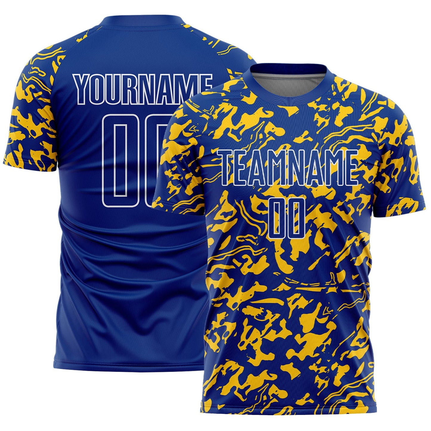 Custom Royal Yellow-White Liquid Fluid Pattern Sports Sublimation Soccer Uniform Jersey - Main View